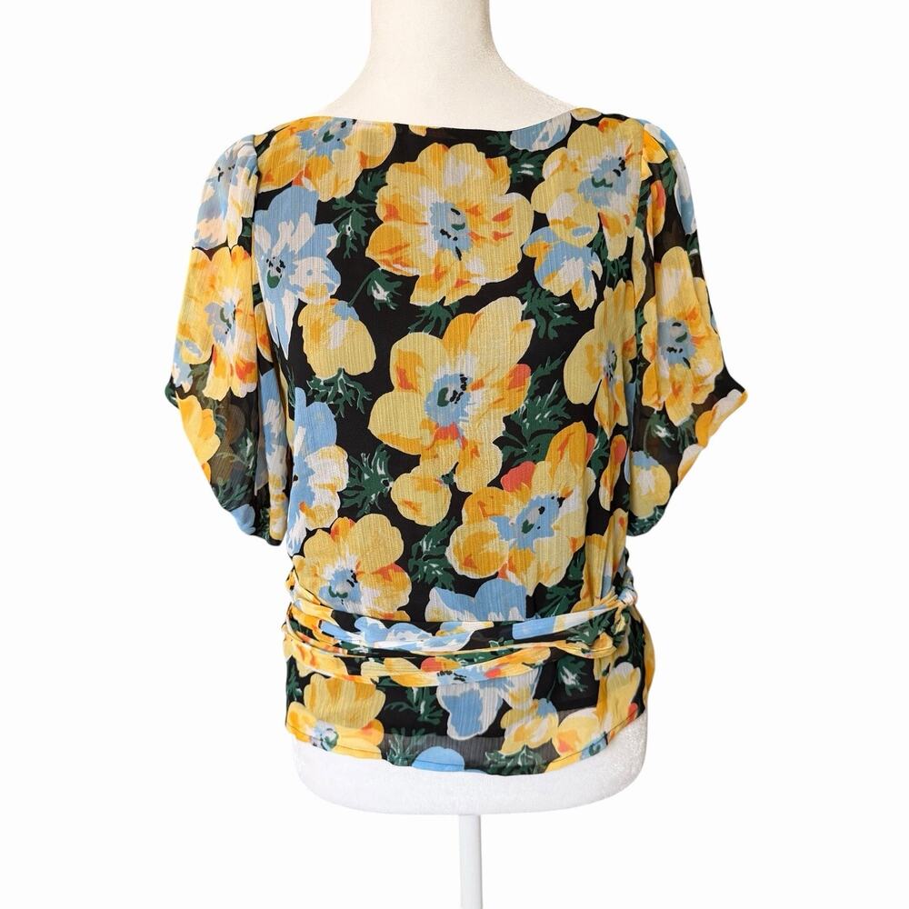 Club Monaco Womens Small Wrap Blouse Floral Yellow Print Open Back Puff Sleeve